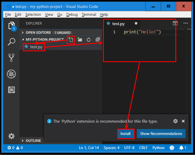 Creating a new Python file in Visual Studio Code and installing the Python extension.